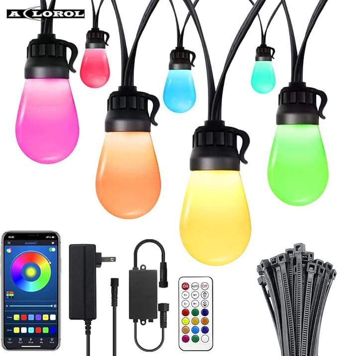 Aclorol 62FT Outdoor String Lights Globe Patio LED String Light Multi-Color Smart LED Bulbs Color Changing Music Sync Waterproof Outside Hanging Lights for Backyard Party Porch Cafe Garden Bar Decor