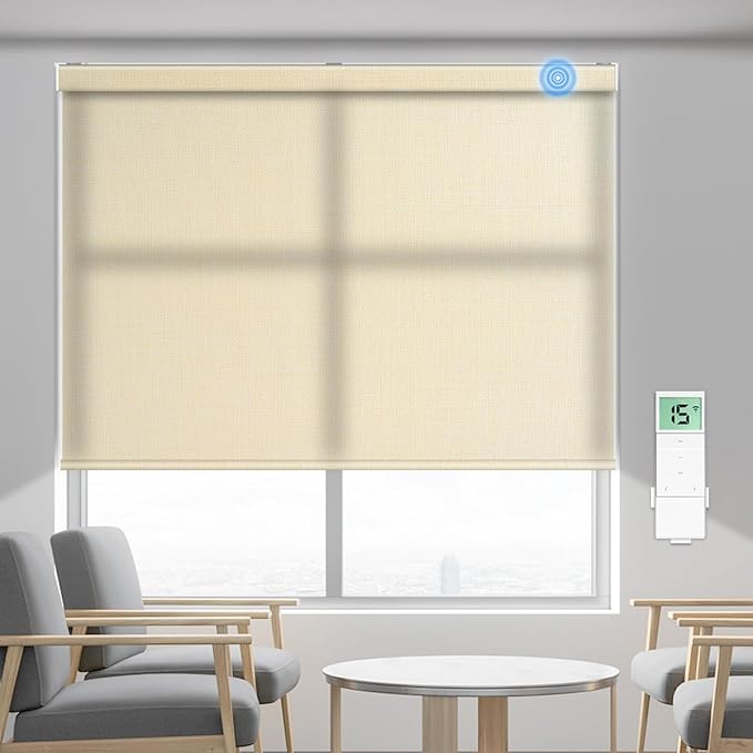 Tokblind Motorized Light Filtering Roller Shade Fabric Covered Valance and Bottom Rod, Remote Control Electric Window Blind Compatible with Alexa Google via Hub, Custom Size (Beige - Wrapped Fabric)