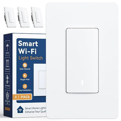 Amico Smart Wi-Fi Switch, 3 Pack, Light Switch Controlled by App, Single-Pole, Voice Control Compatible, Timer & Countdown, LED Indicator, Neutral Wire Required, ETL Listed