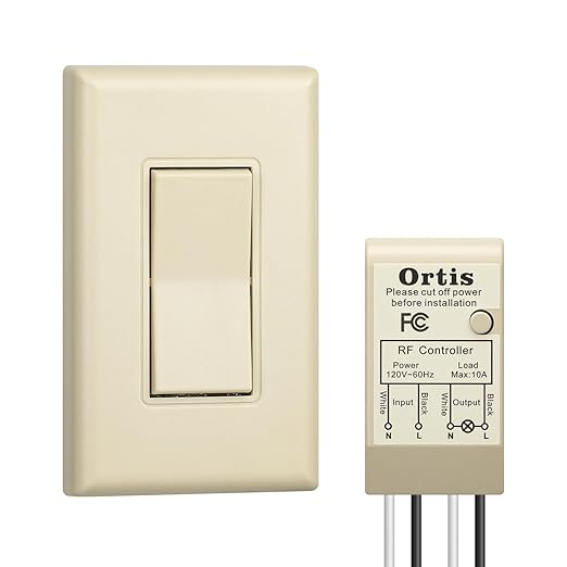 Wireless Light Switch and Receiver Kit, Ortis 300ft RF Range Wireless Wall Switches for Lights, Fans, Battery Included, No Wiring Needed, Light Almond
