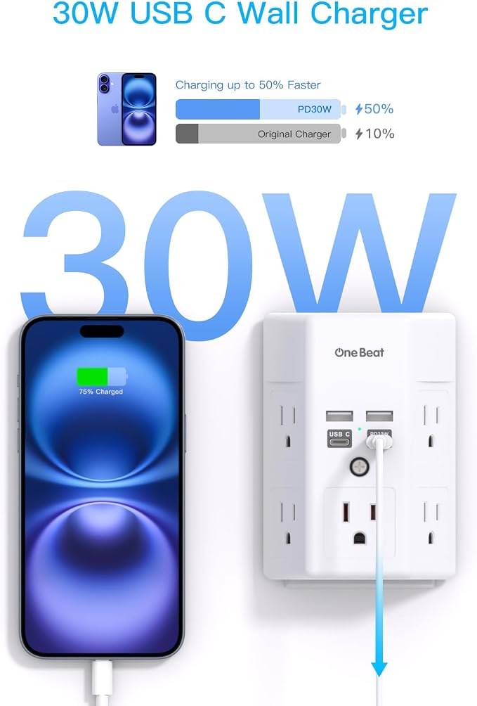 One Beat Surge Protector Wall Outlet Extender, 5 Outlets & 4 USB Ports (30W USB-C PD), 1680J, 3-Sided Multi Plug Outlet Adapter, Outlet Splitter, Wall Mount, ETL Listed for Home Office Travel-White