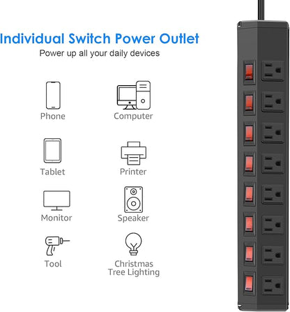 8 Outlet Metal Power Strip with Individual Switches,Heavy Duty Appliance Power Strip with Flat Plug,1200J Surge Protector,10FT Extension Cord,15A 120V 1800W,Home Office School Shop Industrial