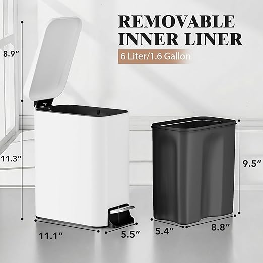 Small Bathroom Trash Can w/Lid Soft Close, 6 Liter/1.6 Gallon Stainless Steel Garbage Can w/Inner Bucket, Trash Bin Waste Basket for Kitchen, Bedroom, Living Room, Office, Toilet, White