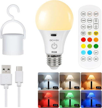 FRIDEKO HOME Rechargeable Light Bulbs - 2600mAh E26 Battery Operated Dimmable Lightbulb with USB-C Charging for Lamps | Touch Control | Timer Function - 1 Pack Portable Camping Emergency Light