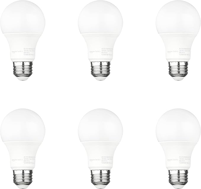 Amazon Basics A19 Dusk to Dawn Sensor LED Outdoor Light Bulbs, 60W Equivalent, Energy-Efficient 9W, Daylight White 5000K, E26 Base, Auto On/Off, Porch, 10,000 Hours, 6-Pack