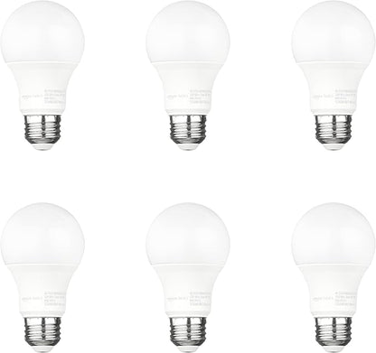 Amazon Basics A19 Dusk to Dawn Sensor LED Outdoor Light Bulbs, 60W Equivalent, Energy-Efficient 9W, Daylight White 5000K, E26 Base, Auto On/Off, Porch, 10,000 Hours, 6-Pack