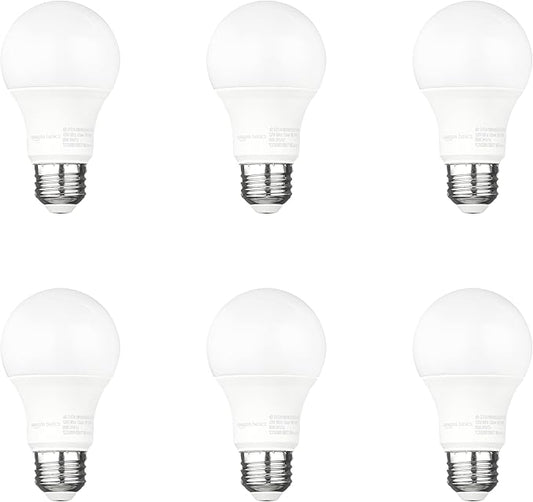 Amazon Basics A19 Dusk to Dawn Sensor LED Outdoor Light Bulbs, 60W Equivalent, Energy-Efficient 9W, Daylight White 5000K, E26 Base, Auto On/Off, Porch, 10,000 Hours, 6-Pack