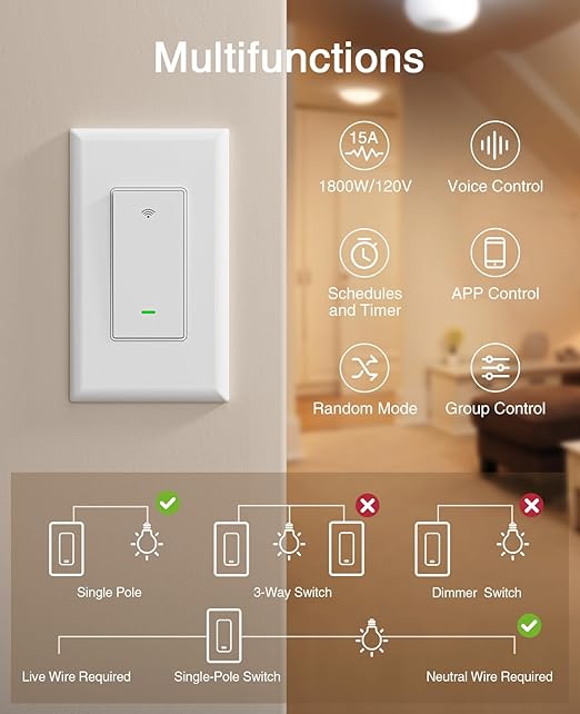 GHome Smart Switches for Lights, WiFi Smart Light Switch Works with Alexa and Google Home, Single Pole, Neutral Wire Required, 2.4Ghz WiFi Light Switch with APP Control, No Hub Required, UL FCC Listed