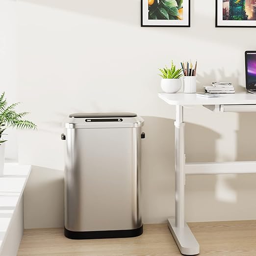 pouseayar Smart Automatic Trash Can with Lid 13 Gallon, Stainless Steel Thickened Body & Super Mute Sensor Lid with 30 Count Garbage Bags for Kitchen Office Bedroom Waste Bin and More - Silver