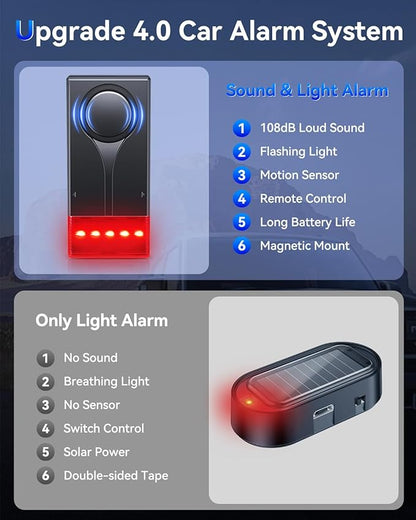 108dB Car Alarm System, Vehicle Anti-Theft Vibration Sensor Alarm & Red Light, Wireless Remote Anti Theft Car Device with Magnetic Install Design for Car, Truck (Upgrade 4.0)