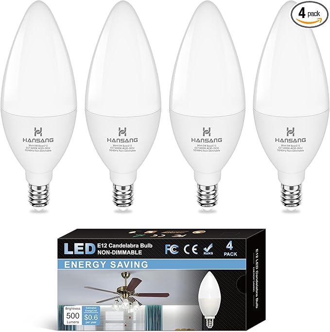 E12 LED Light Bulbs 4000K Natural Daylight, 60W Type B Light Bulb for Chandelier, Small Candelabra Base, B11 Ceiling Fan Light Bulbs, 5W, 500LM, 4 Pack, Non-dimmable