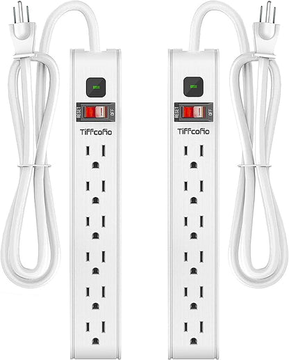 TiFFCOFiO Surge Protector Power Strip, 4 Feet Extension Cord, 600 Joules Surge Protection, Multiple Protection 6 Outlet Strip, 14 AWG Cord, 15A/1875W, ETL Listed, 2 Packs