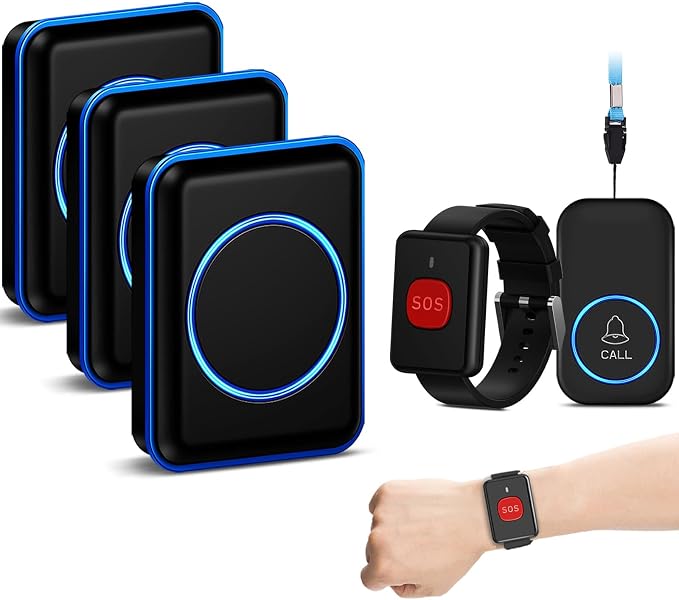 FullHouse Caregiver Pager Wireless Call Button Emergency Wristband | 1000+ Feet Range, Senior Alert Button to Call Family, Monitoring Calling System for Patient/Disabled at Home, IP55 Waterproof