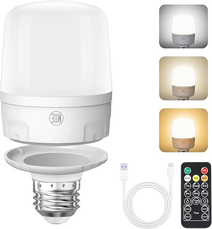 Qoollife E26 Rechargeable Light Bulbs with Remote Control, Battery Operated Light Bulb 9W 2000mAh, 4 Timer Settings for Lamp Lamps Tent Closet Camping USB Battery Powered Light Bulbs (1-Pack)