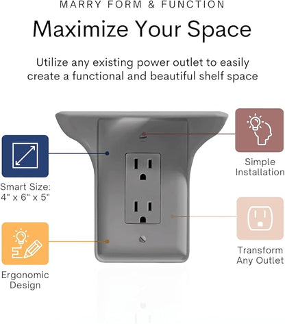 BeraTek Power Perch Wall Outlet Shelf | Declutter & Reclaim Counter Space | Bedroom & Bathroom Organizing Shelves | Alexa Echo Dot Holder, Router Shelf, Holds Electric Toothbrush | Gray, 1-Pack
