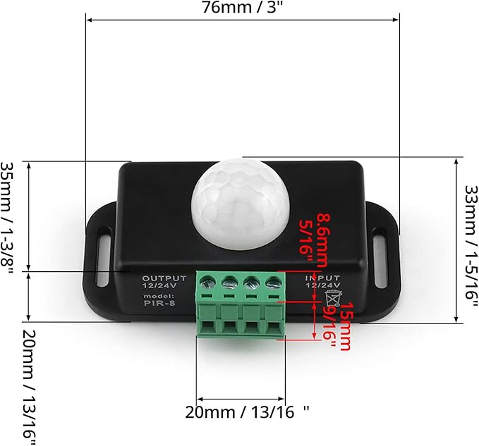 QWORK Motion Sensor LED Switch (2 Pack), 12-24V, 6A, Adjustable Delay Time, 5-8M Induction Distance, 60° Field of View, for LED Strip Lighting, Wall Mount, 3"