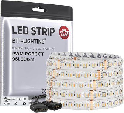 BTF-LIGHTING RGBCCT LED Strip UL Listed 16.4ft 96LED/m 300LED DC24V IP65 | White LED Tape 12mm wide 5 Colors in 1 RGB+Dimmable Tunable Color Temperature 2700K-6500K for Decor(No Adapter or Controller)
