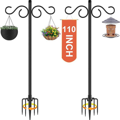 RCUICA Double Shepherds Hooks for Outdoor,2 Pack 110Inch Bird Feeder Pole with 5 Prongs Base,Heavy Duty Shepherds Hook,Suitable for Garden in Hanging Flower Basket,Lantern,Bird Nests (110 inch)