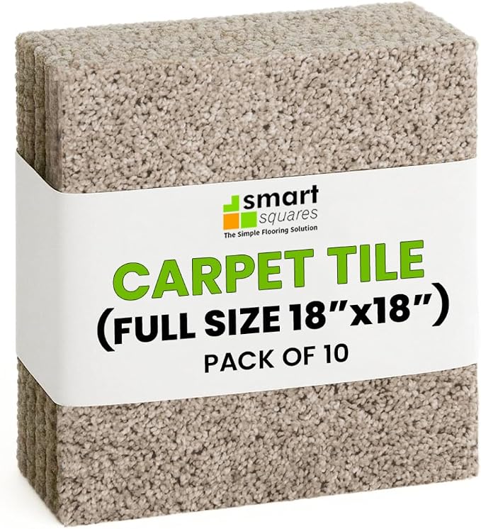 Smart Squares Easy Street Premium Plush Carpet Tiles, Made in USA – 18x18 Peel and Stick Floor Tiles with Attached Padding – Seamless DIY Carpet Squares (22.5 Sq Ft, Pack of 10, 720 Oxford)