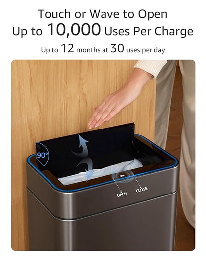 zyz Kitchen Trash Can 13 Gallon / 50L, Automatic Touchless Sensor Garbage Can with Butterfly Lid, USB Rechargeable 2400mAh Battery, Stainless Steel Soft-Close Trash Bin for Home (20 Count Trash Bags)
