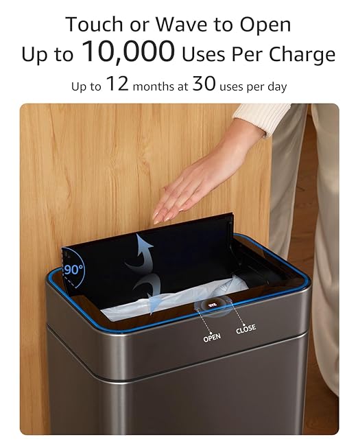 Kitchen Trash Can 13 Gallon / 50L, Automatic Touchless Sensor Garbage Can with Butterfly Lid, USB Rechargeable 2400mAh Battery, Stainless Steel Soft-Close Trash Bin for Home (120 Count Trash Bags)