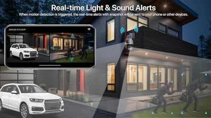 ICSEE WIFI Camera Security 3K 6MP Dual Lens Wireless PTZ Waterproof Human Detection CCTV With Warning Flashing Light, Alexa Supported (Dual Lens Black 6MP)