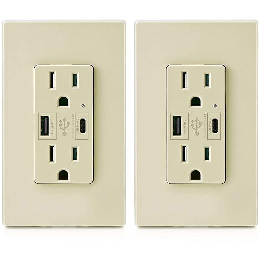 Micmi USB Outlet with C + A Wall Dual High Speed Receptacle Smart 4.8A Fast Charging Capability, 15Amp 125Volt, Tamper Resistant Wall Plate Included UL Listed (2Pack, Ivory, 15 Amp Outlet)
