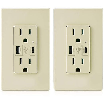 Micmi USB Outlet with C + A Wall Dual High Speed Receptacle Smart 4.8A Fast Charging Capability, 15Amp 125Volt, Tamper Resistant Wall Plate Included UL Listed (2Pack, Ivory, 15 Amp Outlet)