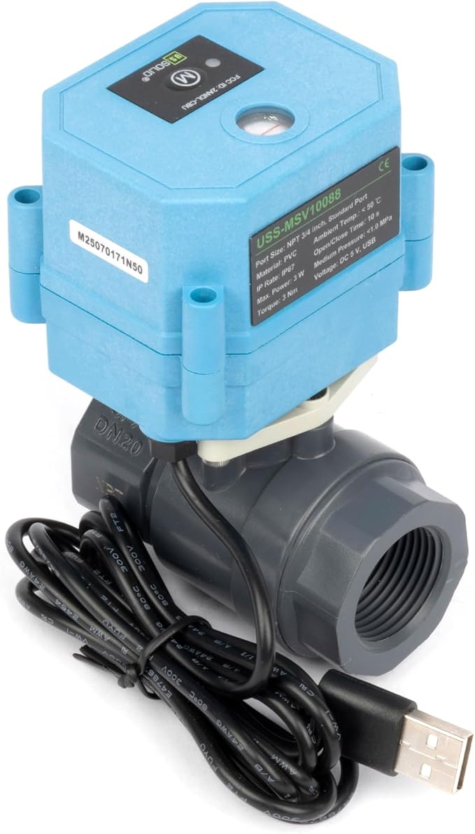 U.S. Solid WiFi Smart Motorized Ball Valve 3/4 inch NPT for Water Control & Irrigation, 2 Way PVC Electric Valve, USB Powered, LED Status Indicator, Flow Direction Window, Remote On/Off Control