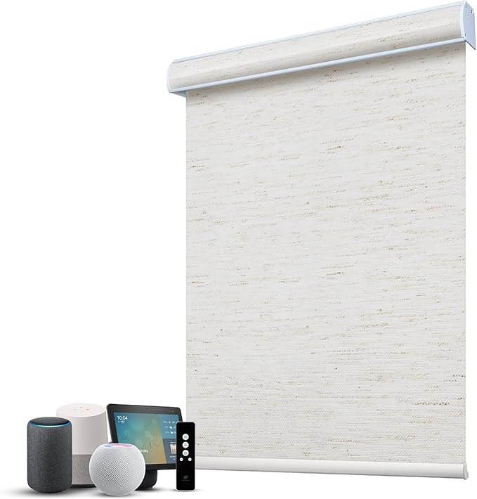 SmartWings Motorized 100% Blackout Shades Blinds, Custom Size, Cordless Window Shades with Rechargeable Battery, Work with Matter/Apple HomeKit, Alexa, Thread/Zigbee, Remote Optional, Linen White