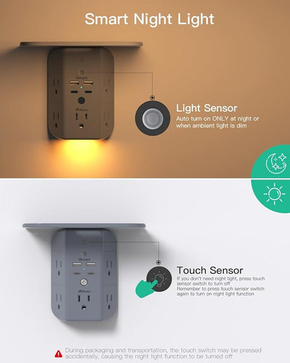Wall Outlet Extender with Shelf and Night Light, Surge Protector, USB Wall Charger with 5 AC Outlets and 2 USB A Ports 2 USB C Ports Wide Space 3-Sided Power Strip Multi Plug Outlets, Gray