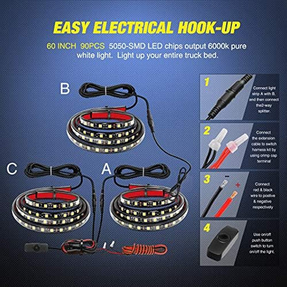 Nilight 3PCS 60 Inch Truck Bed Light Strip Bundle with Tailgate Bar 60" Triple Row 504 LED Strip 4 Way Flat Trailer Y-Splitter Extension Harness for Cargo Pickup Truck SUV RV Boat, 2 Years Warranty