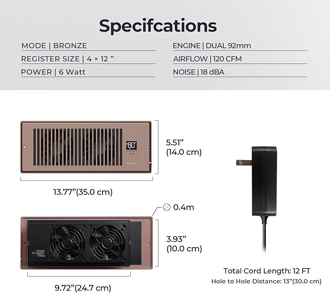 BIOWIND Quiet Register Booster Fan Fits 4" x 12" Register Holes, 10-Speed Smart Heating Cooling AC Vent Fan with Remote Control and Thermostat Control - Bronze