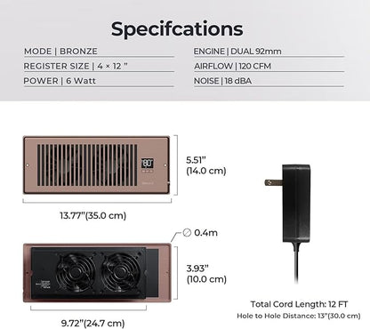 BIOWIND Quiet Register Booster Fan Fits 4" x 12" Register Holes, 10-Speed Smart Heating Cooling AC Vent Fan with Remote Control and Thermostat Control - Bronze