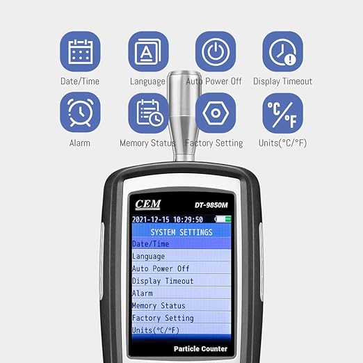 CEM DT-9850M PM2.5/10 Air Particle (0.3,2.5,10μm) with 2.8 inch TFT Color LCD Display Supports Photos and Camera, Temperature, and Humidity, Dust-Free Workshop and Hospital, etc