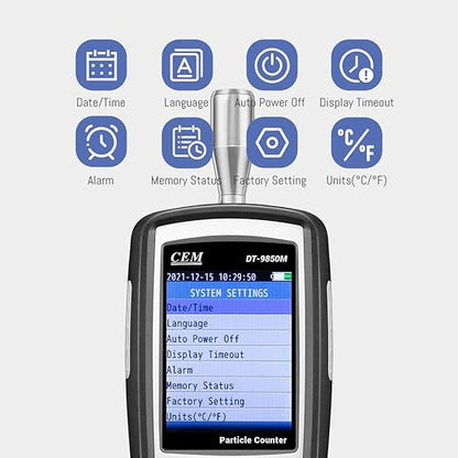 CEM DT-9850M PM2.5/10 Air Particle (0.3,2.5,10μm) with 2.8 inch TFT Color LCD Display Supports Photos and Camera, Temperature, and Humidity, Dust-Free Workshop and Hospital, etc