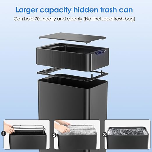 Automatic Trash Can,16 Gallon Touchless Motion Sensor Trash Bin, Smart Garbage Can with Soft-Close Lid, Bag Retainer Ring and Display Light,for Kitchen,Living Room Office (Black, 60L)