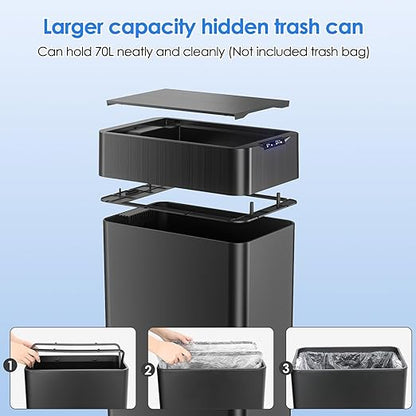 Automatic Trash Can,18.5 Gallon Touchless Motion Sensor Trash Bin, Smart Garbage Can with Soft-Close Lid, Bag Retainer Ring and Display Light,for Kitchen,Living Room Office (Black, 70L)