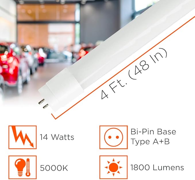 GoodBulb 4 Foot LED Tube 14 Watt T8 Medium Bi-Pin Base 5000K Cool White High Output 1800 Lumens 82 CRI Type A+B Hybrid Car Dealership Lighting 25 Pack