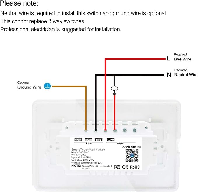 WiFi Smart Light Switch, Smart Switch Button, Compatible with Alexa and Google Home, Remote/Voice Control with Timing Funtion, No Hub Required,Neutral Wire Needed