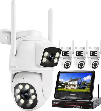 Expandable 16CH NVR Wireless Security System 10.1" Monitor, 4 Dual Lens PTZ 4MP Camera, Humanoid Motion Detection, Spotlight, Siren Alarm, 2-Way Audio, in/Outdoor, 1TB HDD, Color Nihgt Vision