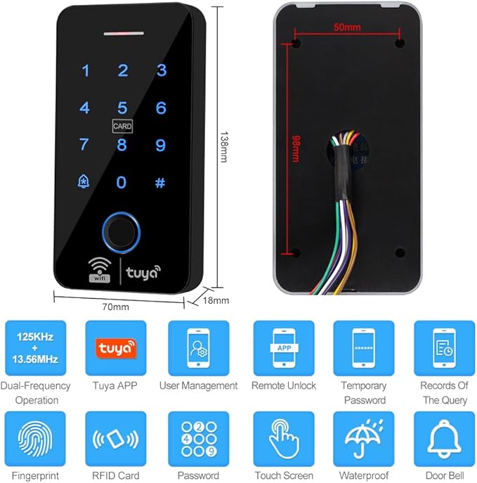 WiFi Tuya Smart Fingerprint Access Control System IP68 Waterproof Biometrics RFID Keypad 125KHz 13.56MHz + DC12V 3A Power Supply + 10pcs RFID Keyfobs (Without Electric Locks)