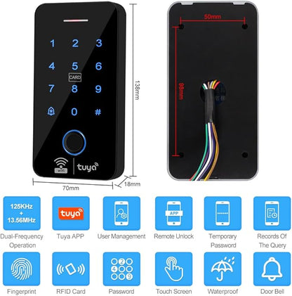 Fingerprint Access Control System WiFi Tuya IP68 Biometrics RFID Keypad 125KHz 13.56MHz, 280KG 600lb Electromagnetic Door Lock Kit, 12VDC Power Supply with 10PCS Key fobs