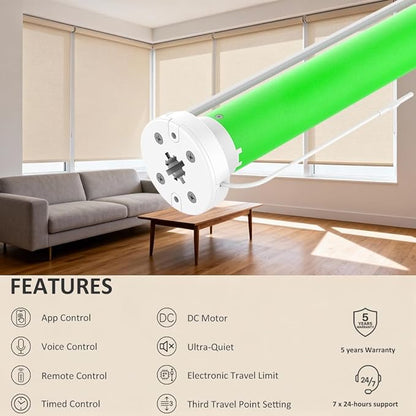 Matter Over WiFi Smart Roller Shade Motor for 1.5"/38mm Tube, WiFi Electric Blinds Kit Works with Apple HomeKit Alexa Google Home SmartThings, No Hub Needed, Quiet Wired Engine, Remote/Voice Control