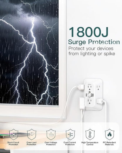 Addtam 6-Outlet Extender Surge Protector, Multi Plug Wall Outlet with 4 USB Wall Charger(2 USB C Ports), Plug Extension Outlet with 1800J, Outlet Splitter Power Strip for Home Office, 2 Pack, White