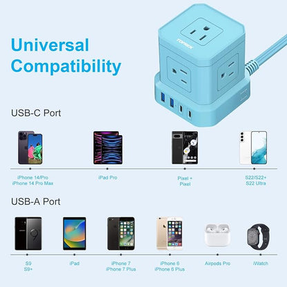 Surge Protector Power Strip, 10 FT Flat Extension Cord with 5 Outlets, 2 USB-C & 2 USB-A, Power Strip with USB for Living Room, Nightstand, Office, Travel, Desk Charging Station, 700J