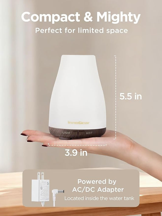 InnoGear Essential Oil Diffuser, Ultrasonic Diffusers for Home Aromatherapy Humidifier for Mother's Gift Bedroom Room 7 Colors LED 2 Mist Mode Auto Off, Brown Base