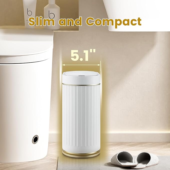 ELPHECO Bathroom Trash Can 2 Gallon Plastic Smart Garbage Can Waterproof 7.5L Wastebasket Bathroom Decor Narrow Garbage Bin with Automatic lid for Bedroom, Kitchen, Office, White Gold