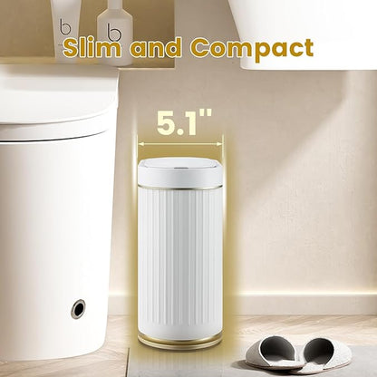 ELPHECO Bathroom Trash Can 2 Gallon Plastic Smart Garbage Can Waterproof 7.5L Wastebasket Bathroom Decor Narrow Garbage Bin with Automatic lid for Bedroom, Kitchen, Office, White Gold