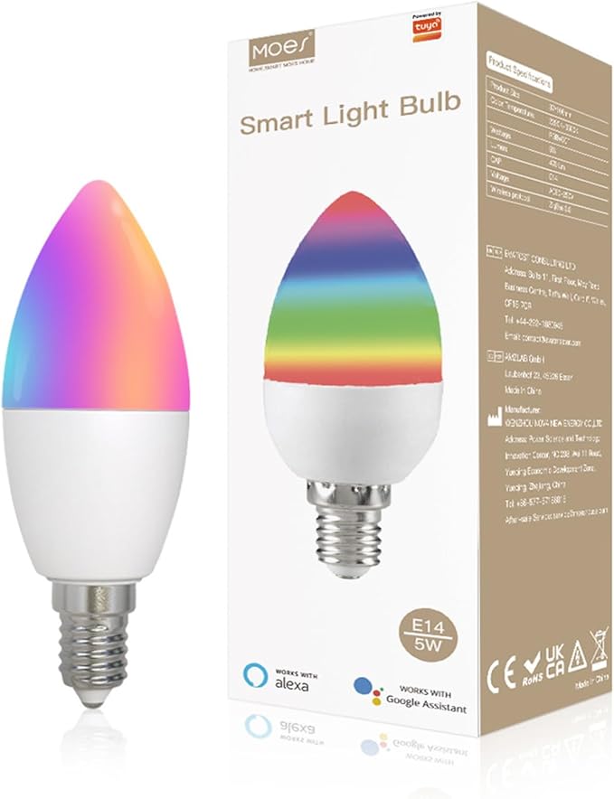 Smart Light Bulbs, LED Light Bulb E14 Candle Lamp Smart 5W RGBCCT 2200-6500K Dimmable Light Tuya Alexa Google Voice Control